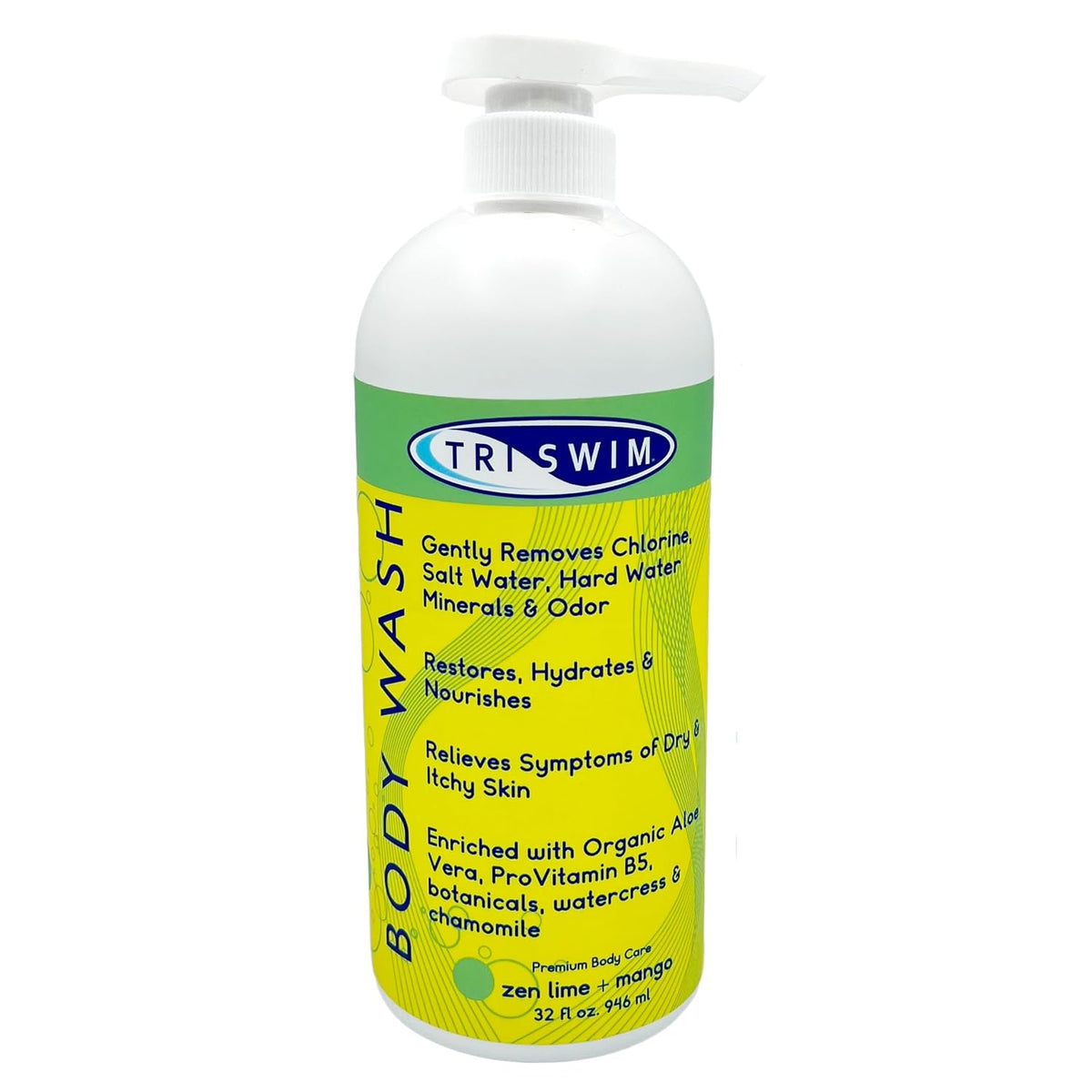 TRISWIM Chlorine Removal Body Wash 32oz | Summer Post-Swim Body Wash for Swimmers | Value Size | Removes Chlorine, Bromine, Hard Water & Saltwater | Hydrates & Restores Skin | Zen Lime + Mango Scent